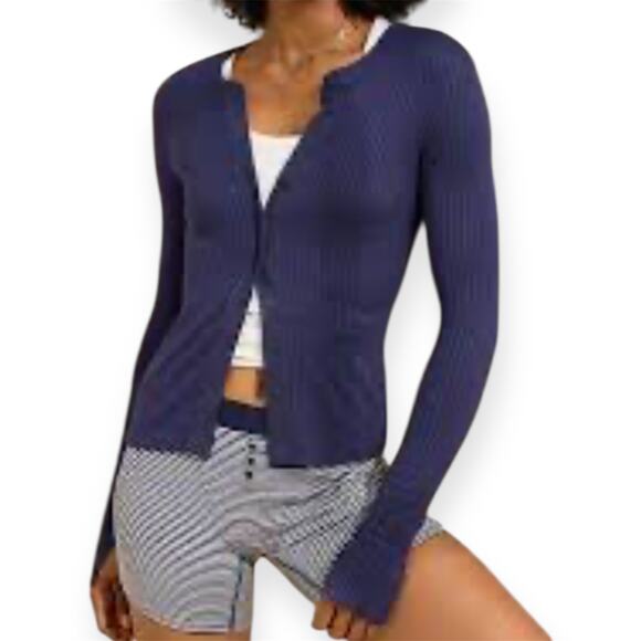 Aerie Navy Blue Ribbed Knit Button Front Cardigan Long Sleeve Layering Top Sz M - Picture 1 of 8